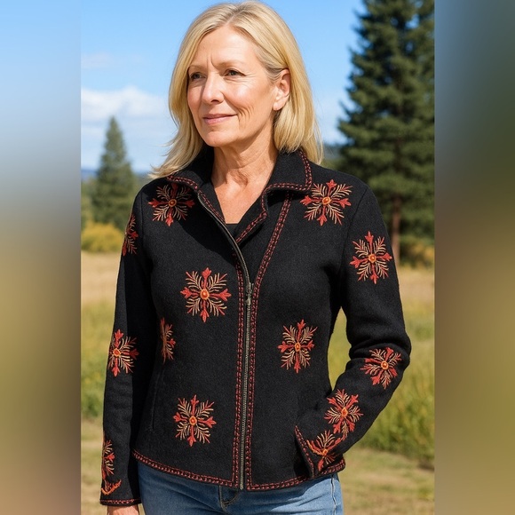 CoVelo Jackets & Blazers - CoVelo Black Coat Red Embroidered Floral Felted Boiled Wool Jacket, size Small